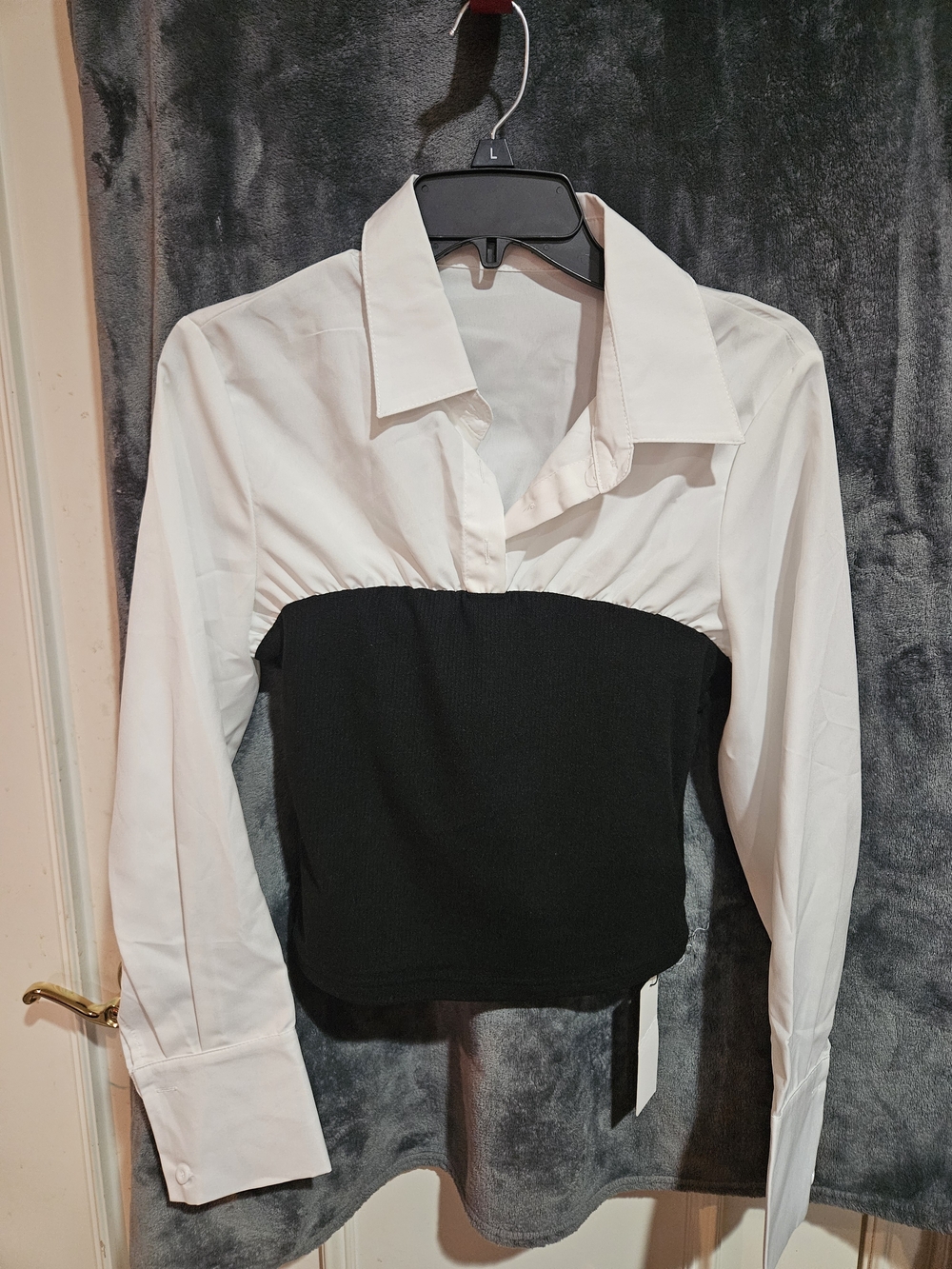 Two-Tone White Collared Blouse with Black Bustier Detail